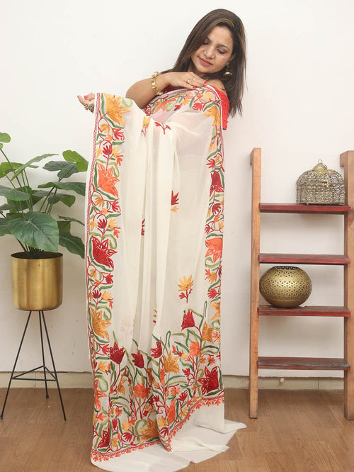 Off White Embroidered Kashmiri Aari Work Georgette Saree - Luxurion World