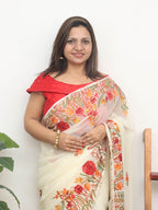 Off White Embroidered Kashmiri Aari Work Georgette Saree - Luxurion World