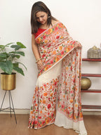 Off White Embroidered Kashmiri Aari Work Georgette Saree - Luxurion World