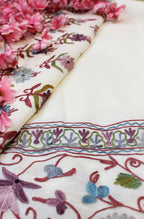 Off White Embroidered Kashmiri Aari Work Georgette Saree - Luxurion World