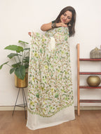 Off White Embroidered Kashmiri Aari Work Georgette Saree - Luxurion World