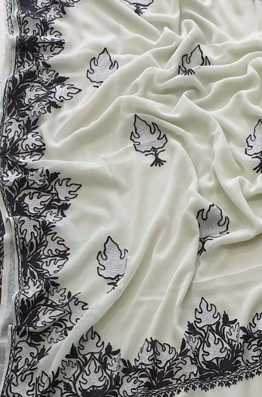 Off White Embroidered Kashmiri Aari Work Georgette Saree - Luxurion World