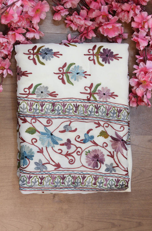 Off White Embroidered Kashmiri Aari Work Georgette Saree - Luxurion World