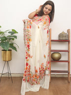 Off White Embroidered Kashmiri Aari Work Georgette Saree - Luxurion World
