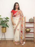 Off White Embroidered Kashmiri Aari Work Georgette Saree - Luxurion World
