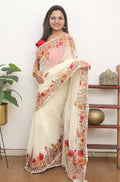 Off White Embroidered Kashmiri Aari Work Georgette Saree - Luxurion World