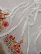 Off White Embroidered Kashmiri Aari Work Georgette Saree - Luxurion World