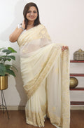 Off White Embroidered Kashmiri Aari Work Georgette Saree - Luxurion World