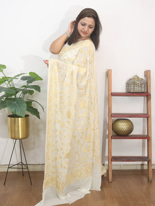 Off White Embroidered Kashmiri Aari Work Georgette Saree - Luxurion World