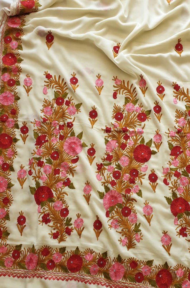 Off White Embroidered Kashmiri Aari Work Georgette Saree - Luxurion World