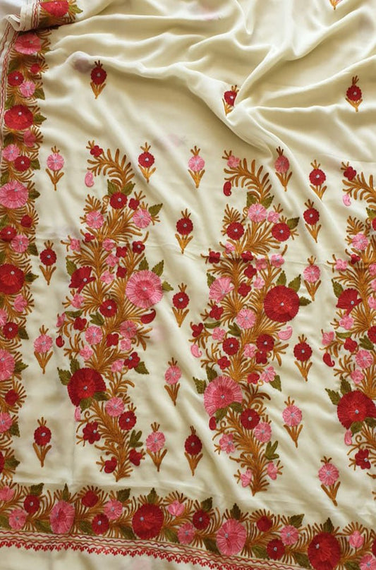 Off White Embroidered Kashmiri Aari Work Georgette Saree - Luxurion World