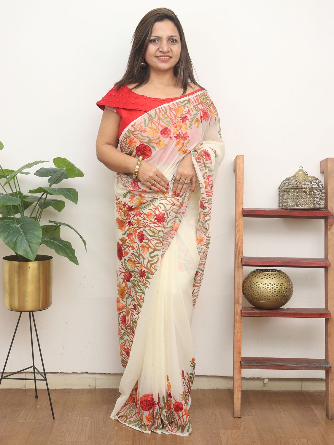 Off White Embroidered Kashmiri Aari Work Georgette Saree - Luxurion World