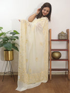 Off White Embroidered Kashmiri Aari Work Georgette Saree - Luxurion World