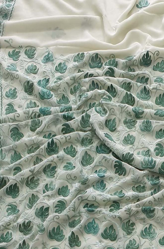 Off White Embroidered Kashmiri Aari Work Georgette Saree - Luxurion World