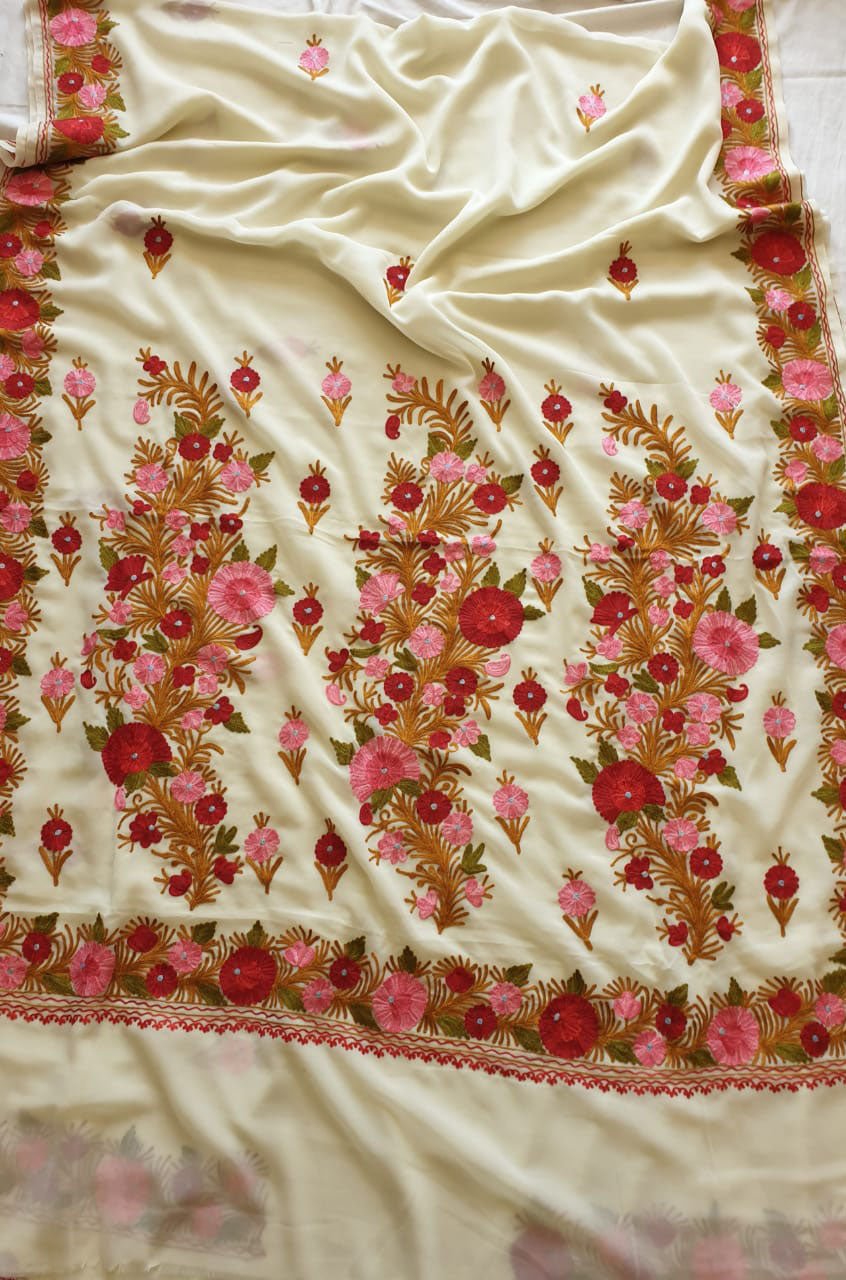 Off White Embroidered Kashmiri Aari Work Georgette Saree