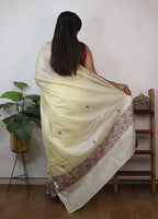 Off White Embroidered Kashmiri Sozni Work Pure Silk Saree - Luxurion World