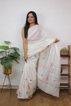 Off White Embroidered Kashmiri Sozni Work Pure Silk Saree - Luxurion World