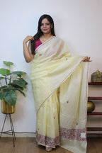 Off White Embroidered Kashmiri Sozni Work Pure Silk Saree - Luxurion World