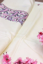 Off White Embroidered Kashmiri Sozni Work Pure Silk Saree - Luxurion World