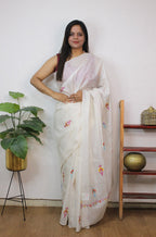 Off White Embroidered Kashmiri Sozni Work Pure Silk Saree - Luxurion World