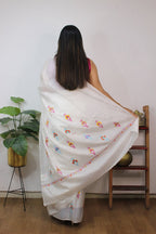 Off White Embroidered Kashmiri Sozni Work Pure Silk Saree - Luxurion World