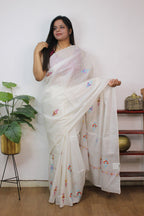 Off White Embroidered Kashmiri Sozni Work Pure Silk Saree - Luxurion World