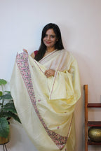 Off White Embroidered Kashmiri Sozni Work Pure Silk Saree - Luxurion World