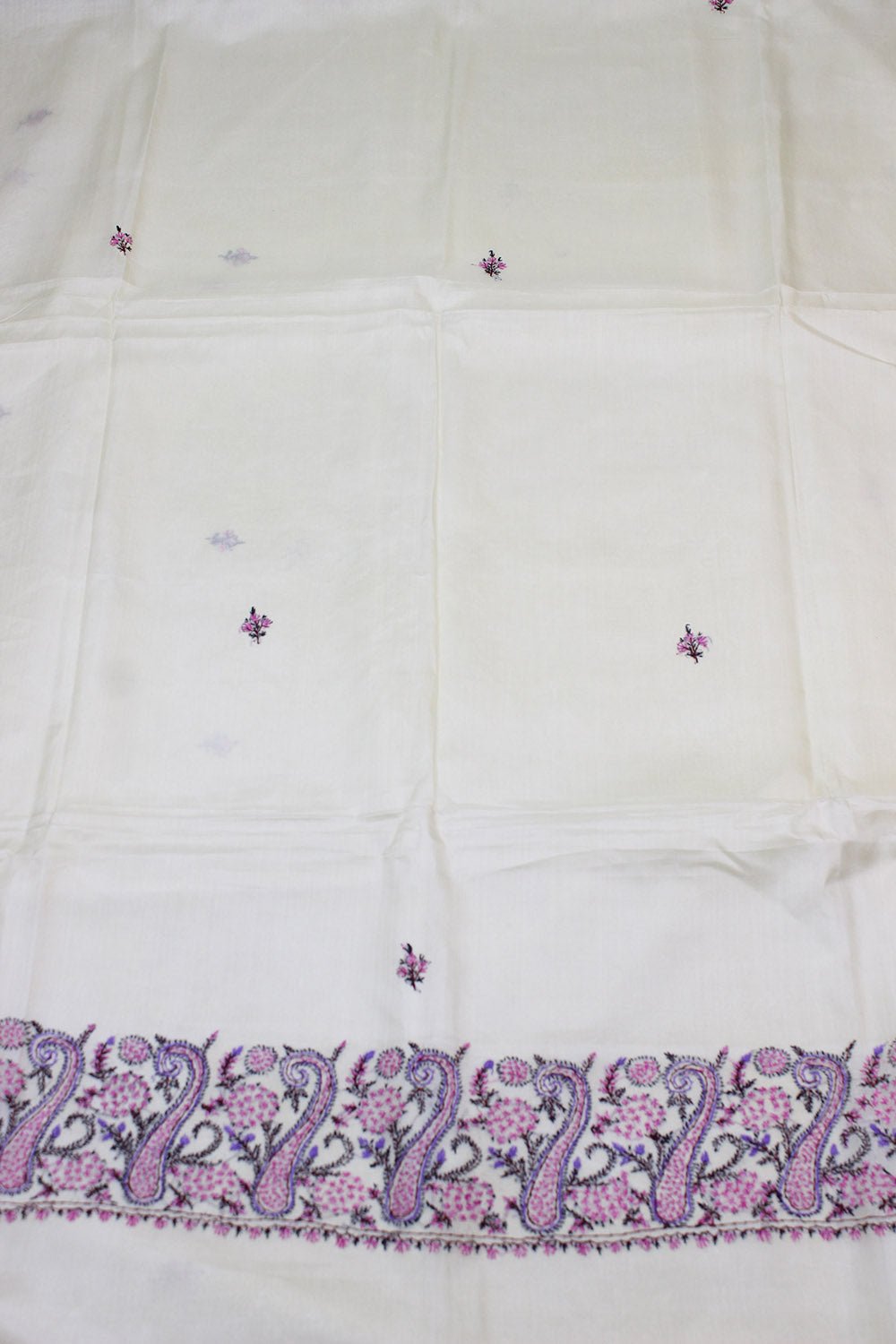 Off White Embroidered Kashmiri Sozni Work Pure Silk Saree - Luxurion World