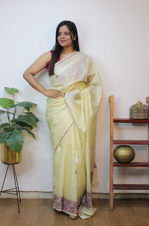 Off White Embroidered Kashmiri Sozni Work Pure Silk Saree - Luxurion World