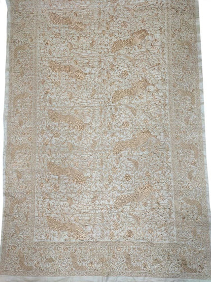 Off White Embroidered Parsi Gara Tussar Silk Floral And Bird Design Saree - Luxurion World