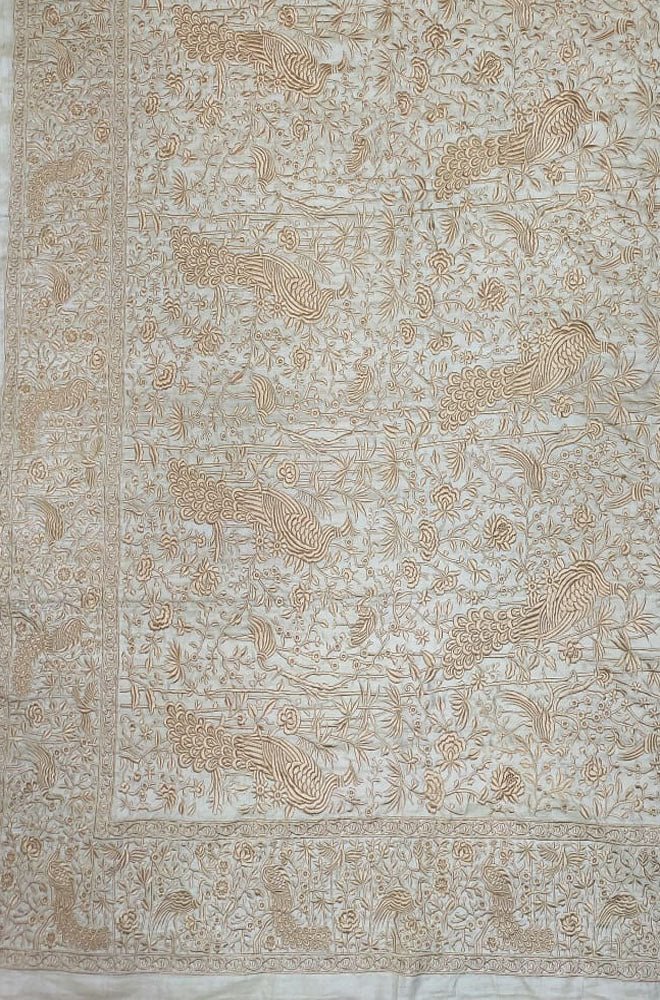 Off White Embroidered Parsi Gara Tussar Silk Floral And Bird Design Saree - Luxurion World