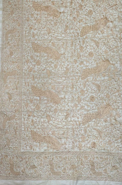 Off White Embroidered Parsi Gara Tussar Silk Floral And Bird Design Saree - Luxurion World