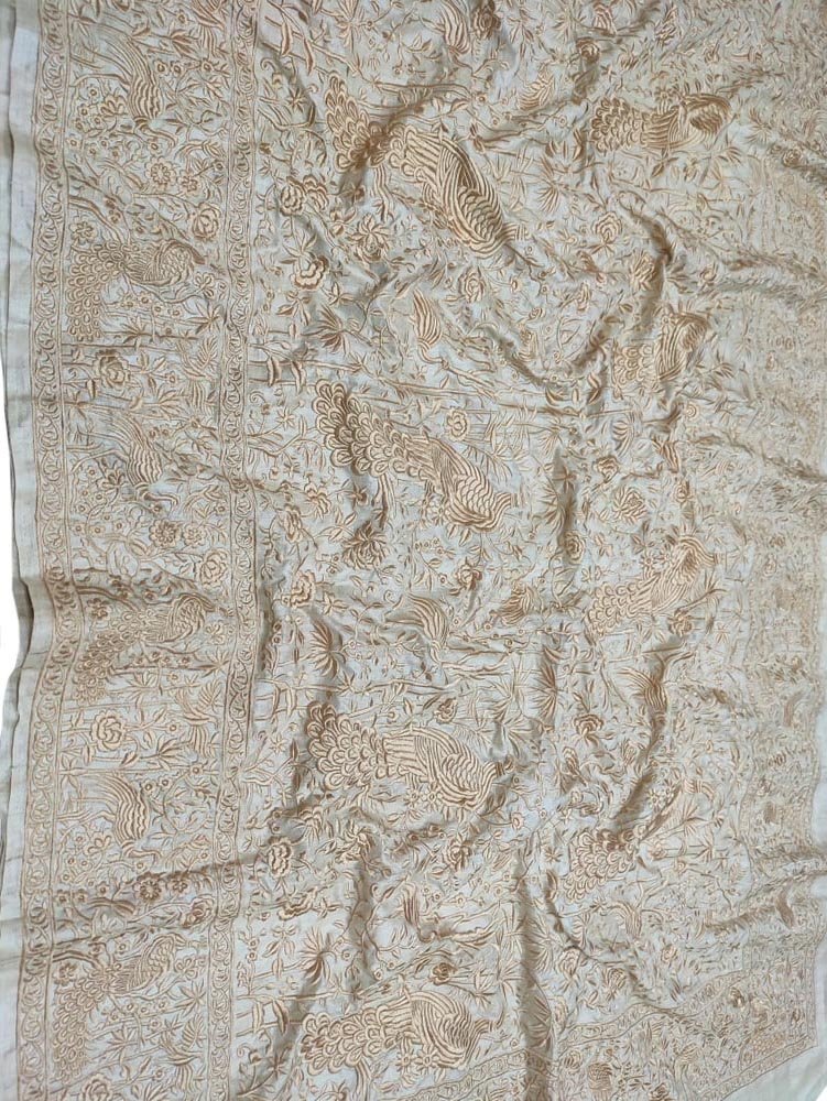 Off White Embroidered Parsi Gara Tussar Silk Floral And Bird Design Saree - Luxurion World