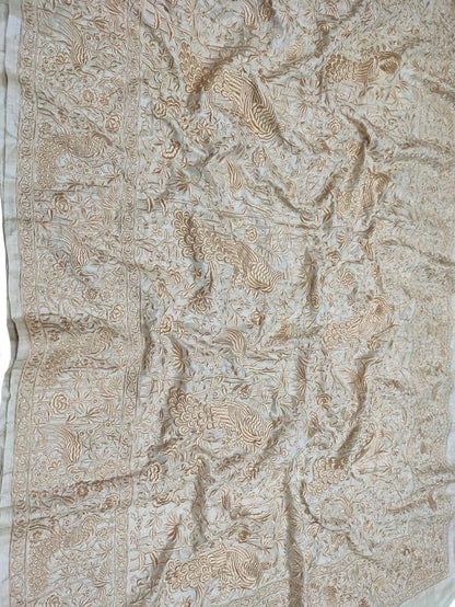 Off White Embroidered Parsi Gara Tussar Silk Floral And Bird Design Saree - Luxurion World