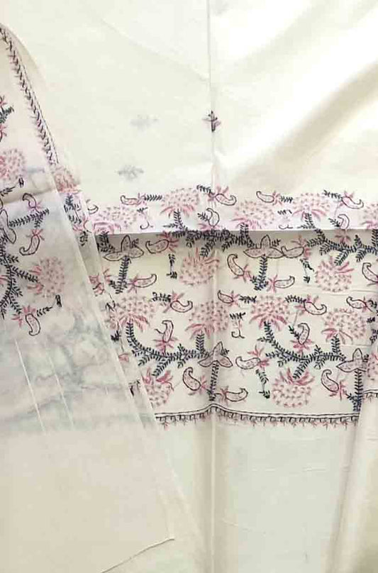Off White Embroidered Sozni Work Kashmiri Silk Saree - Luxurion World