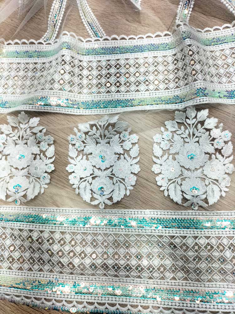 Off White Embroidered Trendy Net Sequins Work Fabric ( 1 Mtr )