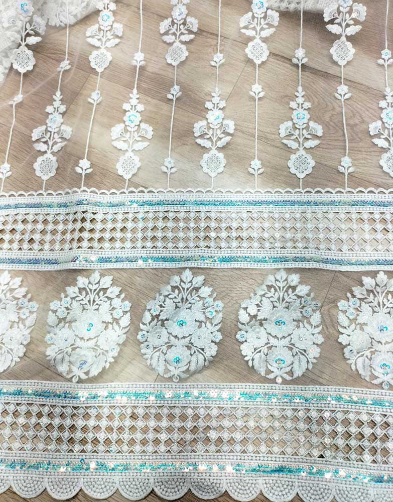 Off White Embroidered Trendy Net Sequins Work Fabric ( 1 Mtr ) - Luxurion World