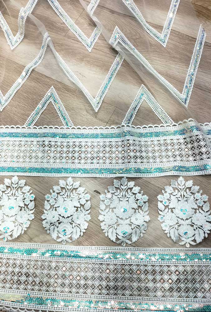 Off White Embroidered Trendy Net Sequins Work Fabric ( 1 Mtr )