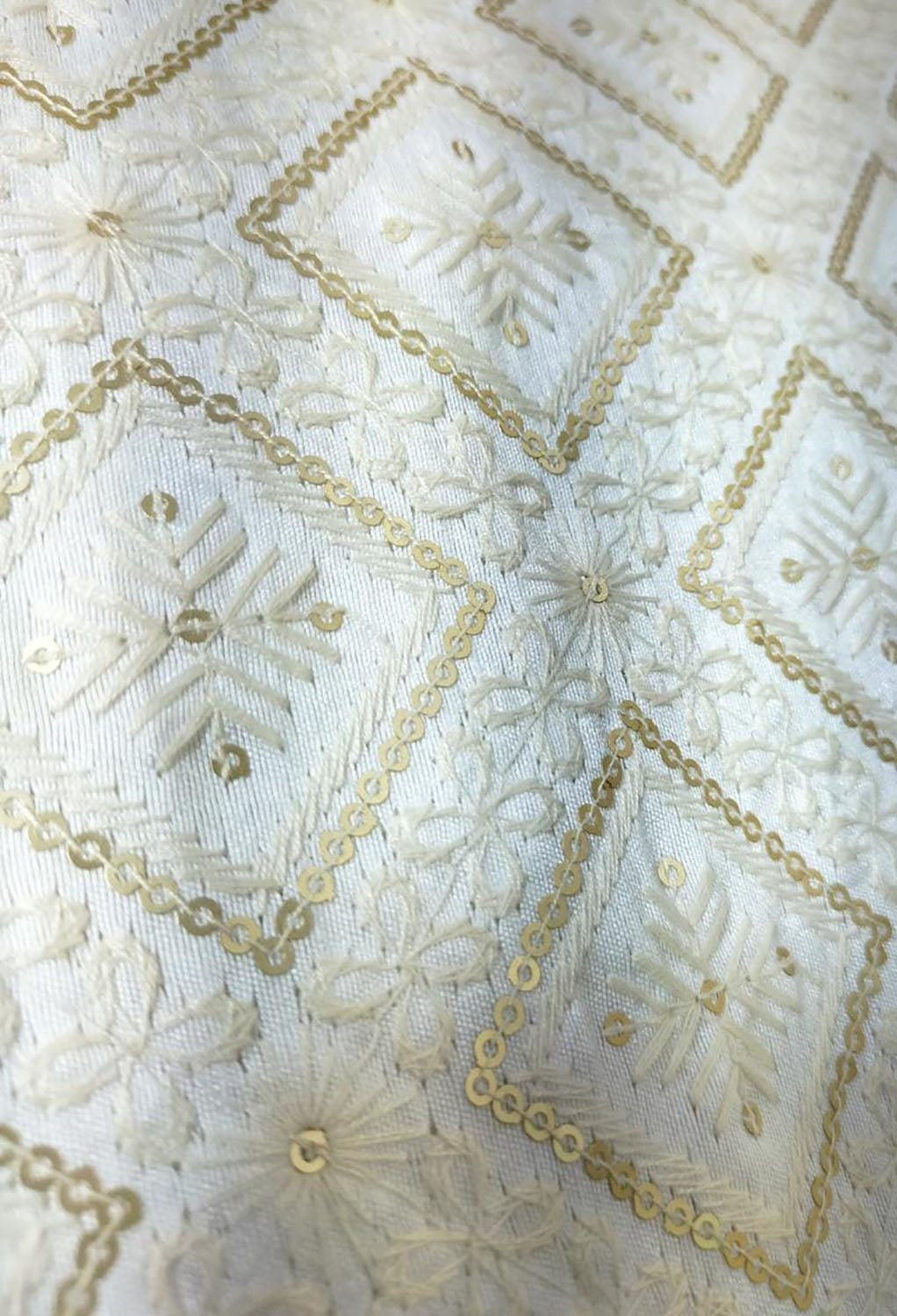 Off White Embroidered Trendy Raw Silk Sequins Work Fabric ( 1 Mtr ) - Luxurion World