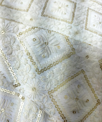 Off White Embroidered Trendy Raw Silk Sequins Work Fabric ( 1 Mtr ) - Luxurion World