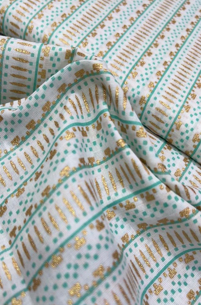 Off White Foil Block Printed Cotton Fabric ( 1 Mtr ) - Luxurion World