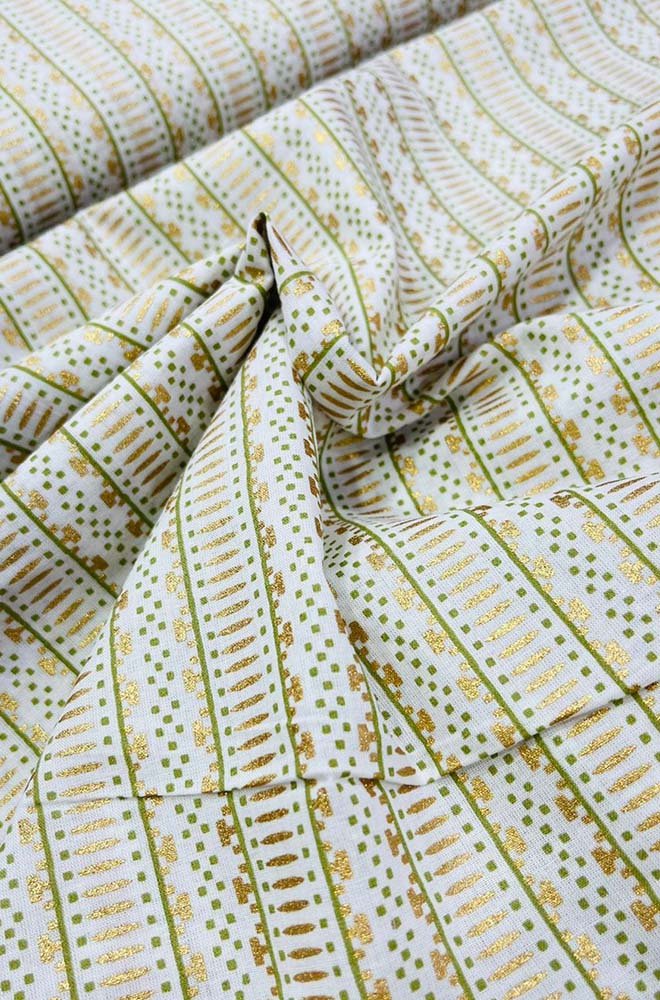 Off White Foil Block Printed Cotton Fabric ( 1 Mtr ) - Luxurion World