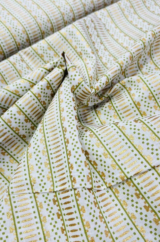 Off White Foil Block Printed Cotton Fabric ( 1 Mtr ) - Luxurion World