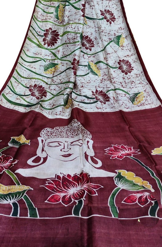Off White Hand Batik Silk Saree - Luxurion World