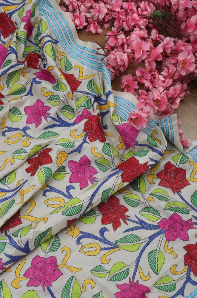 Exquisite Off White Kantha Silk Dupatta with Hand Embroidery - Luxurion World