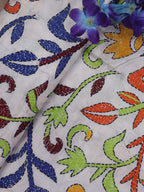 Off White Hand Embroidered Kantha Silk Fabric ( 1 Mtr ) - Luxurion World