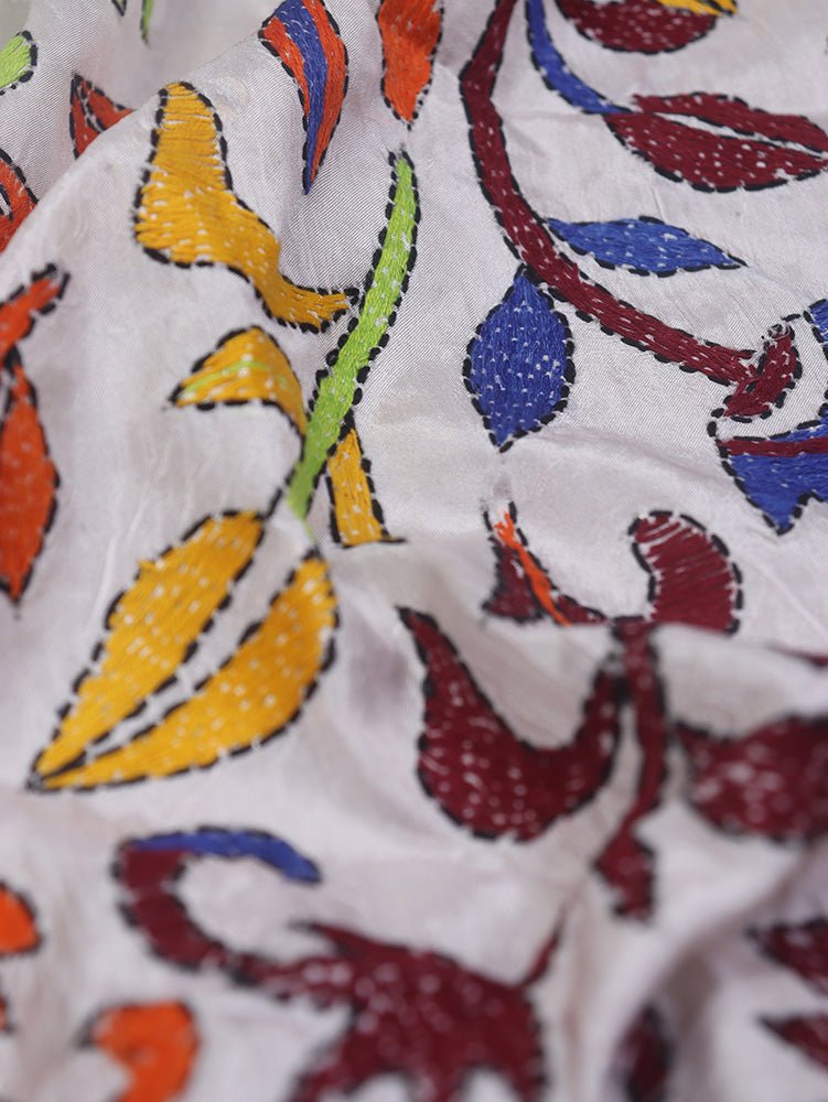 Off White Hand Embroidered Kantha Silk Fabric ( 1 Mtr )