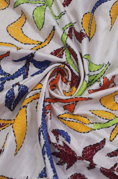 Off White Hand Embroidered Kantha Silk Fabric ( 1 Mtr )