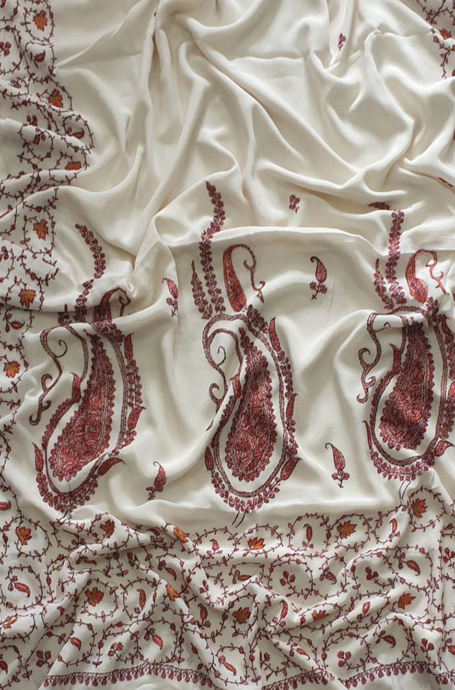 Off White Hand Embroidered Kashmiri Sozni Work Crepe Saree