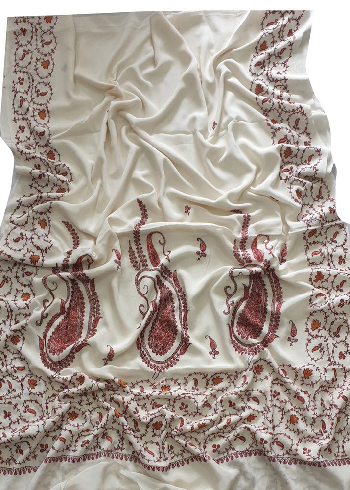 Off White Hand Embroidered Kashmiri Sozni Work Crepe Saree - Luxurion World